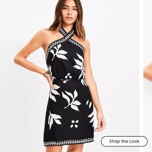 LOFT Black and White Leaf Print Mini Dress, Size 8, Like New!